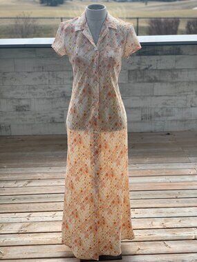 Vintage 70s My Michelle Maxi Shirt Dress S Pastel Orange Sheer Button Up Boho